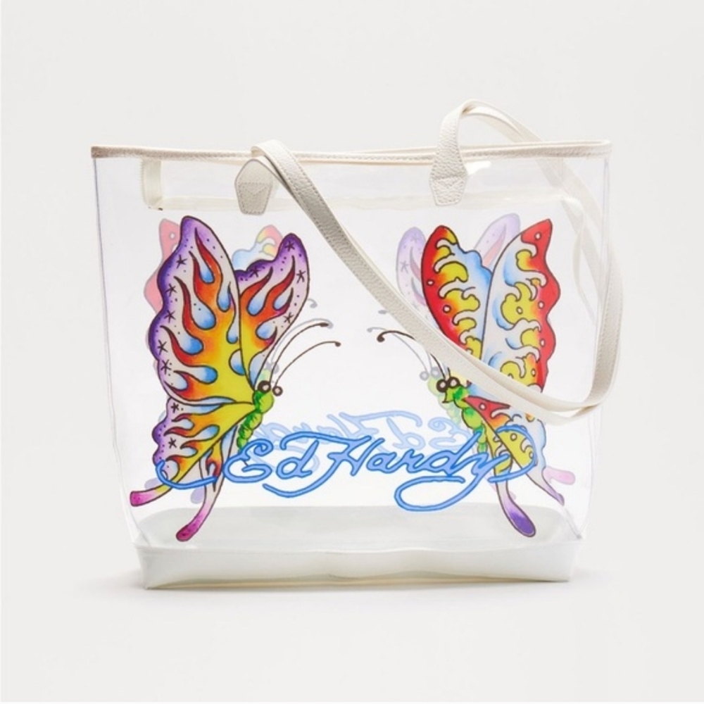 Ed Hardy Clear PVC Tote Bag With Purple And Blue Butterfly